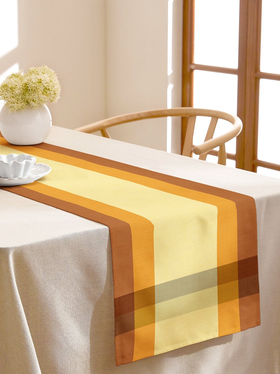 1 pieza Camino de mesa amarillo de rayas de cuadros con patrón geométrico con estampado lino con textura , vintage rural estilo para diariamente cocina o Vajilla mesa adorno - Multicolor - Ver 1
