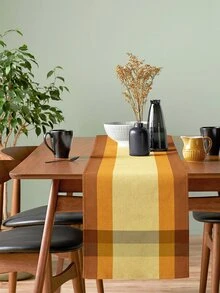 1 pieza Camino de mesa amarillo de rayas de cuadros con patrón geométrico con estampado lino con textura , vintage rural estilo para diariamente cocina o Vajilla mesa adorno - Multicolor - Ver 4