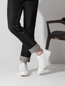 SHOESMALL Men's Leather Black Sneakers Business Casual Brown Shoes For Men Fashion Dress Sneakers Breathable White Sneakers - trắng - Xem 2