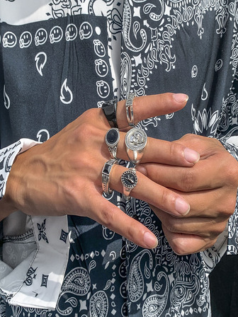 6 件合金几何水晶戒指套装，简约个性，时尚复古，适合男士