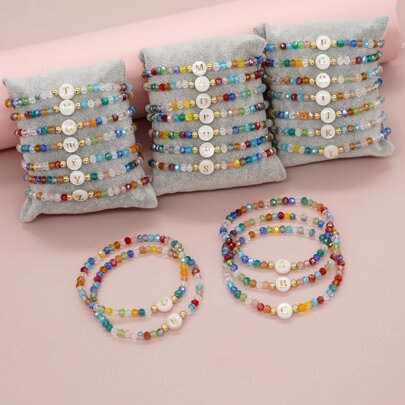 1pc Bohemian Style White Shell & Mixed Crystal Beads Elastic Bracelet For Women