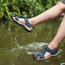 Cow Leather Sandals Outdoor Hiking Sandals Waterproof Athletic Sports Sandals Closed Toe Water Sandals - 藍色 - 查看 5