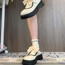 Fashionable Thick-soled Mary Jane Shoes With Bowknot Decoration - Beige - View 4