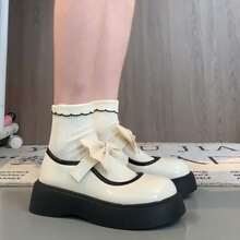 Fashionable Thick-soled Mary Jane Shoes With Bowknot Decoration - Beige - View 3
