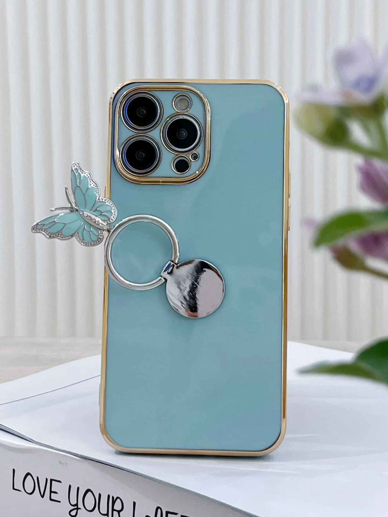 Butterfly Decor Phone Case With Ring Holder,International Version, Not The Domestic Version - Green - View 1