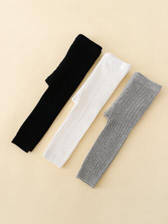 3 件裝嬰兒黑白灰色純色條紋四分之九長打底褲適合日常穿著