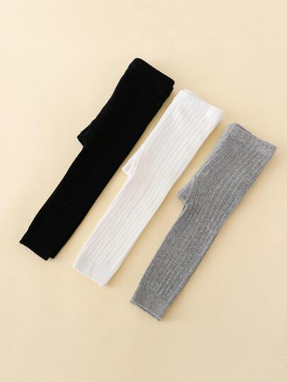 3 件裝嬰兒黑白灰色純色條紋四分之九長打底褲適合日常穿著