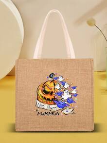 Bolsa de compra Halloween con patrón de calabaza de gran capacidad lino - Caqui - Ver 4