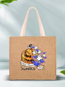 Bolsa de compra Halloween con patrón de calabaza de gran capacidad lino - Caqui - Ver 5