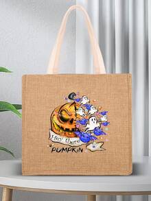 Bolsa de compra Halloween con patrón de calabaza de gran capacidad lino - Caqui - Ver 6
