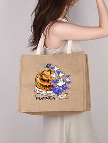 Bolsa de compra Halloween con patrón de calabaza de gran capacidad lino - Caqui - Ver 9