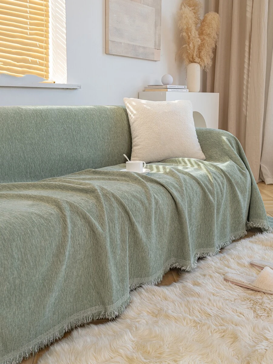 1pc Solid Color Chenille Sofa Cover, Multifunctional Simple Soft Sofa Cushion With Backrest & Armrest, All Seasons Usable Nap Blanket - Green - View 1