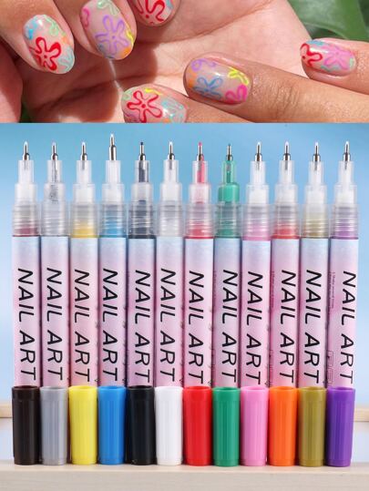 FULL BEAUTY 12 لون مسمار الفن قلم ماركر 0.5 مم ملون مسمار الفن رسم الكتابة على الجدران القلم أسود أبيض بطانة فرشاة الرسم Diy أدوات مانيكير Diy خطوط مجردة القلم لرسم رسم مسمار الفن المعدات