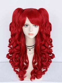 Peluca de cosplay Lolita con doble coleta de cabello sintético con flequillo, 22 pulgadas de largo, rizado y esponjoso, rojo, con 2 coletas desmontables con pinza de doble garra, peluca resistente al calor de fibra natural de alta densidad con aspecto natural para vestirse, disfraces de Halloween, fiestas, regalos, anime, cómics, disfraces de dibujos animados y 1 gorro de peluca - Rojo - Ver 4