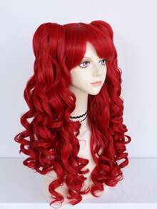 Peluca de cosplay Lolita con doble coleta de cabello sintético con flequillo, 22 pulgadas de largo, rizado y esponjoso, rojo, con 2 coletas desmontables con pinza de doble garra, peluca resistente al calor de fibra natural de alta densidad con aspecto natural para vestirse, disfraces de Halloween, fiestas, regalos, anime, cómics, disfraces de dibujos animados y 1 gorro de peluca - Rojo - Ver 3