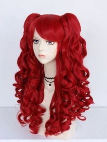 Peluca de cosplay Lolita con doble coleta de cabello sintético con flequillo, 22 pulgadas de largo, rizado y esponjoso, rojo, con 2 coletas desmontables con pinza de doble garra, peluca resistente al calor de fibra natural de alta densidad con aspecto natural para vestirse, disfraces de Halloween, fiestas, regalos, anime, cómics, disfraces de dibujos animados y 1 gorro de peluca - Rojo - Ver 5