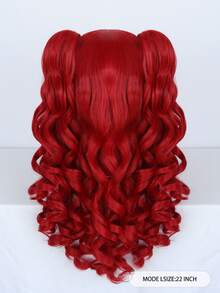 Peluca de cosplay Lolita con doble coleta de cabello sintético con flequillo, 22 pulgadas de largo, rizado y esponjoso, rojo, con 2 coletas desmontables con pinza de doble garra, peluca resistente al calor de fibra natural de alta densidad con aspecto natural para vestirse, disfraces de Halloween, fiestas, regalos, anime, cómics, disfraces de dibujos animados y 1 gorro de peluca - Rojo - Ver 2