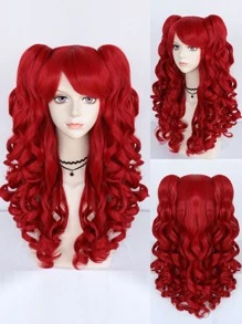 Peluca de cosplay Lolita con doble coleta de cabello sintético con flequillo, 22 pulgadas de largo, rizado y esponjoso, rojo, con 2 coletas desmontables con pinza de doble garra, peluca resistente al calor de fibra natural de alta densidad con aspecto natural para vestirse, disfraces de Halloween, fiestas, regalos, anime, cómics, disfraces de dibujos animados y 1 gorro de peluca - Rojo - Ver 1