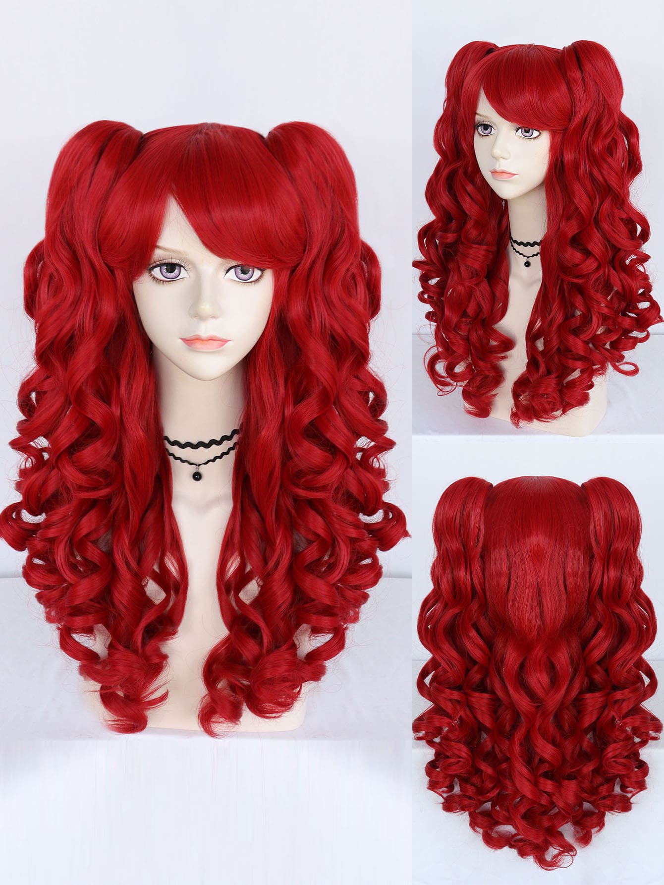 Peluca de cosplay Lolita con doble coleta de cabello sintético con flequillo, 22 pulgadas de largo, rizado y esponjoso, rojo, con 2 coletas desmontables con pinza de doble garra, peluca resistente al calor de fibra natural de alta densidad con aspecto natural para vestirse, disfraces de Halloween, fiestas, regalos, anime, cómics, disfraces de dibujos animados y 1 gorro de peluca - Rojo - Ver 1