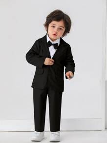 BOARNSEORL 2pcs Baby Boys Gentleman Suit Set, Blazer Jacket With Bowknot And Pants, Elegant Fashion Outfit For Birthday Party, Wedding, Formal Occasion
