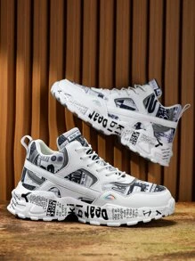 Men's Graffiti Style Hook-Loop Chunky Sneakers, Lightweight And Breathable - Black and White - View 7