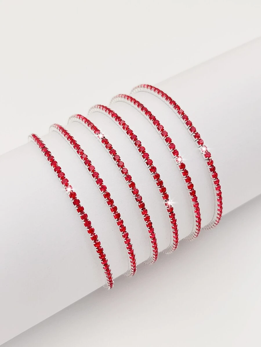 6 件/套女士超薄 2 毫米水晶弹性手链，透明白钻银色手链，镶嵌闪亮方晶锆石，适合派对和节日佩戴 - 紅色 - 查看 1
