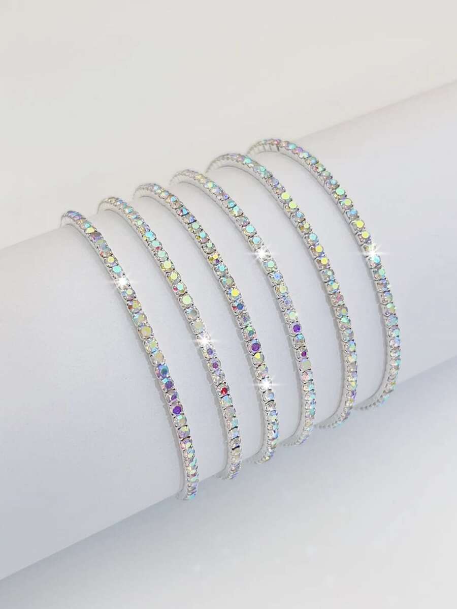 Bộ 6 vòng tay pha lê đàn hồi siêu mỏng 2mm dành cho nữ, vòng tay kim cương trắng trong suốt màu bạc đính đá Zirconia sáng bóng, thời trang cho tiệc tùng và du lịch - Đầy màu sắc - Xem 1