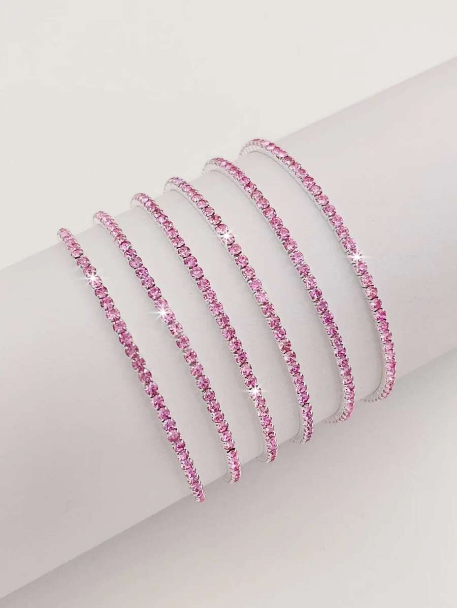 6 Stück/Set Damen superfeine 2mm Strass-Armbänder mit Gummiband, transparente klare weiße Diamant-Silber-Zirkonia-Steine besetzt, modisch für Party & Urlaub