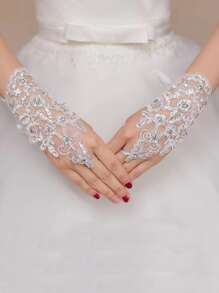 10/6/5/1 Pair Women's Bridal Wedding Lace Trim Hollow Rhinestone Studded Fingerless Mesh Short Wedding Dress Accessory Gloves - Red - View 14