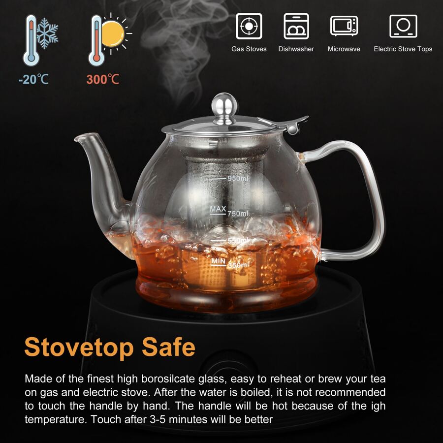 Glass Teapot, 33 oz / 1000ml Glass Teapot with Removable Infuser, Clear Teapot for Blooming Tea