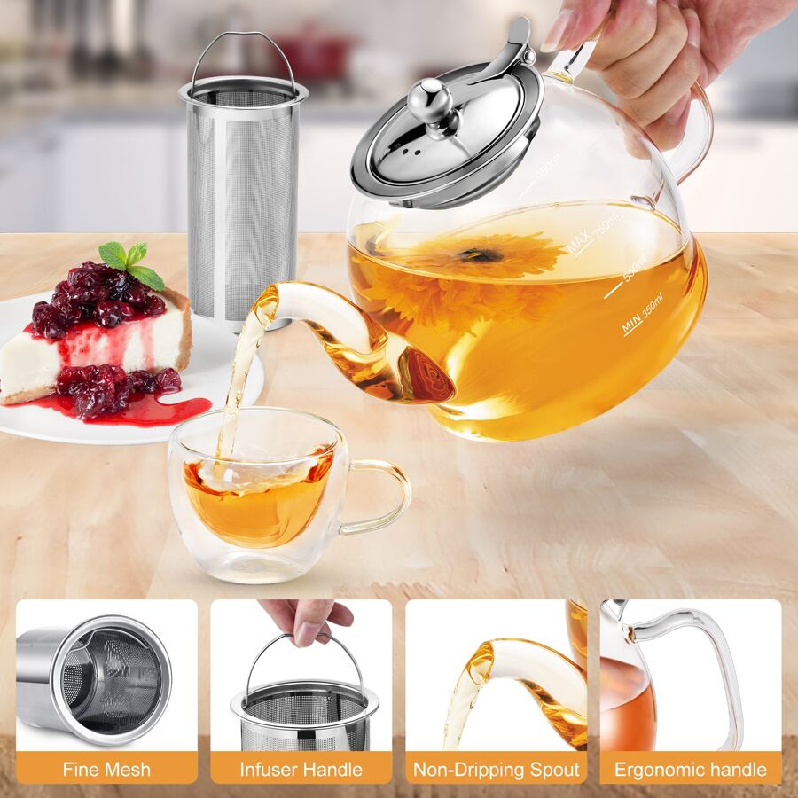 Glass Teapot, 33 oz / 1000ml Glass Teapot with Removable Infuser, Clear Teapot for Blooming Tea