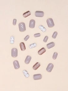 24入組短方形優雅大理石紋閃粉可穿戴假指甲+1個指甲銼+1個果凍膠壓縮式指甲美甲用品 - 彩色 - 查看 2