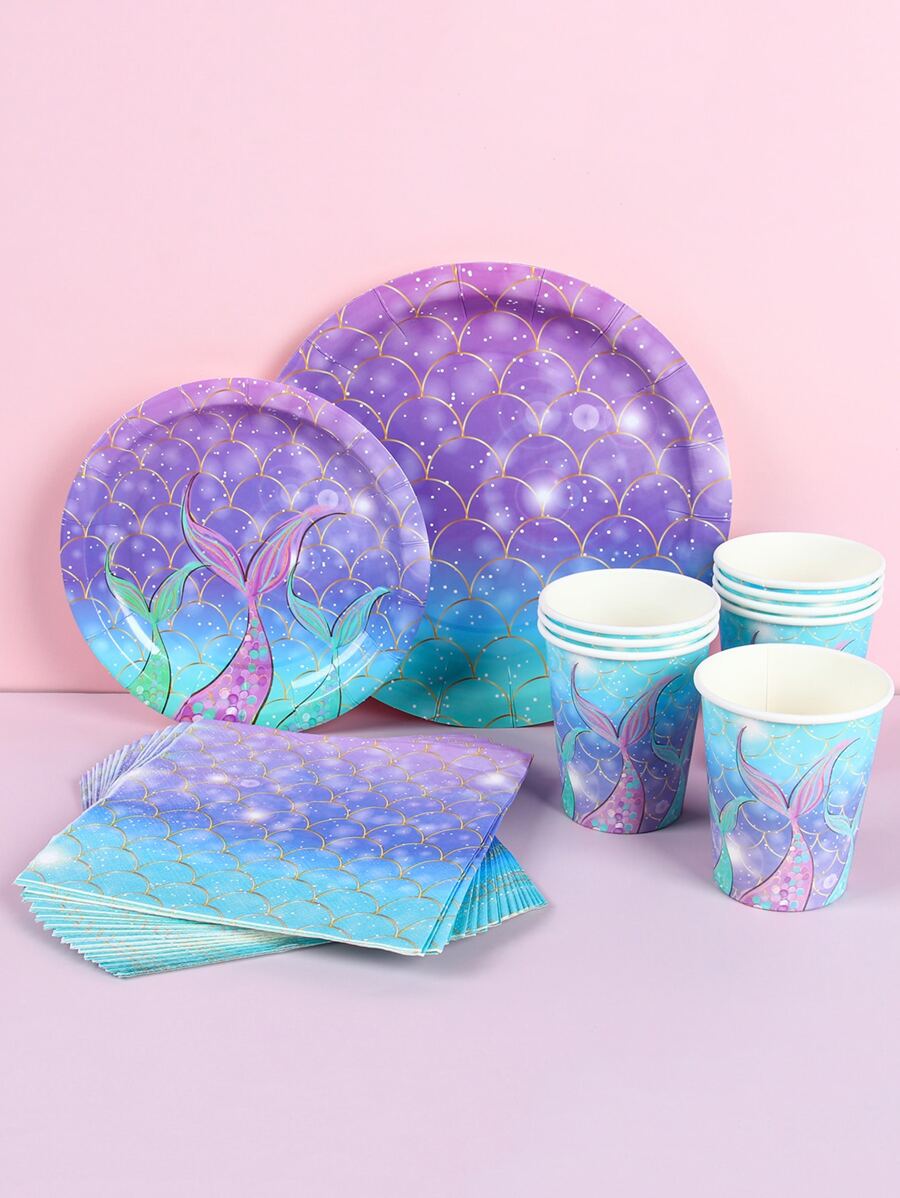 40入組/套美人魚主題一次性餐具套裝適用於生日派對 - 彩色 - 查看 1