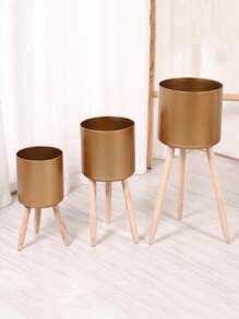 1pc Iron Art Flower Pot With Green Plants In Nordic Style, Creative Iron Pot, Golden Circular Stand, Simple Floor Flower Container