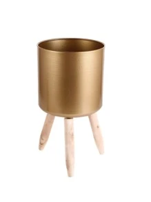 1pc Iron Art Flower Pot With Green Plants In Nordic Style, Creative Iron Pot, Golden Circular Stand, Simple Floor Flower Container