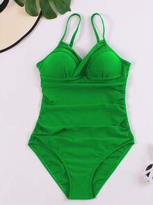 Solid Ruched One Piece Swimsuit Summer - Green - View 2