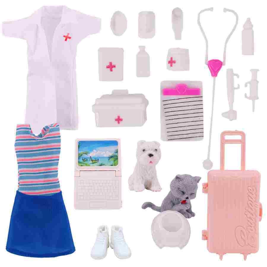 19 piezas miniatura Muñeca enfermera Kit , equipaje , ordenador , con Juguete para perros Set ( Muñeca no incluido ) - Multicolor - Ver 1