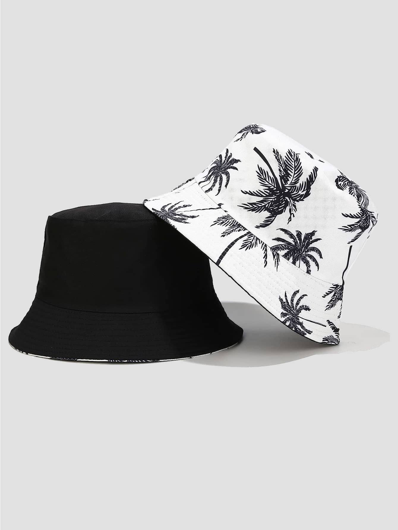 1 件男女通用双面棕榈树印花渔夫帽，适合户外、度假、徒步旅行 - 米色 - 查看 1