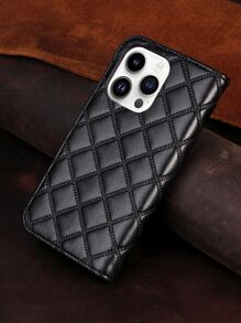 Compatible With IPhone 17 Pro Max/17 Pro/17/Air/16 Pro Max/16/15/14/13 Plaid Pattern Card Slot Shockproof PU Flip Phone Case For Samsung//Redmi/OPPO/ - Black - View 3