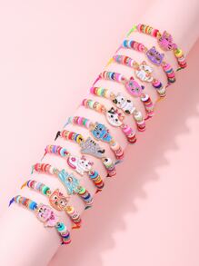 12pcs Girls Cat Design Adjustable Zinc Alloy Braided Beaded Bracelet - Multicolor - View 1