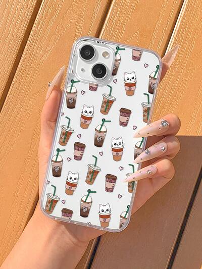 Coffee & Cat Pattern Anti-Fall Phone Case,International Version, Not The Domestic Version