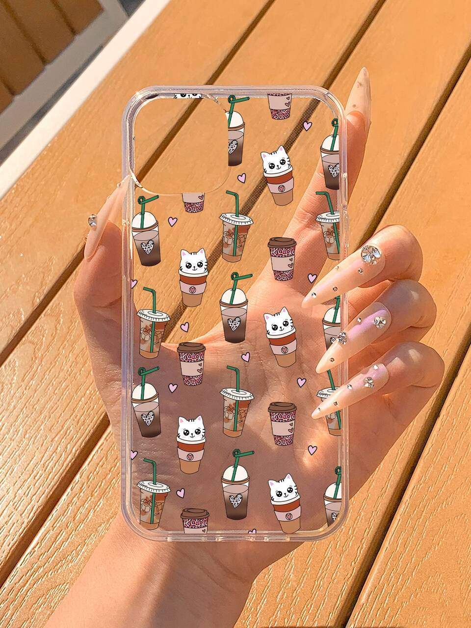 Coffee & Cat Pattern Anti-Fall Phone Case,International Version, Not The Domestic Version