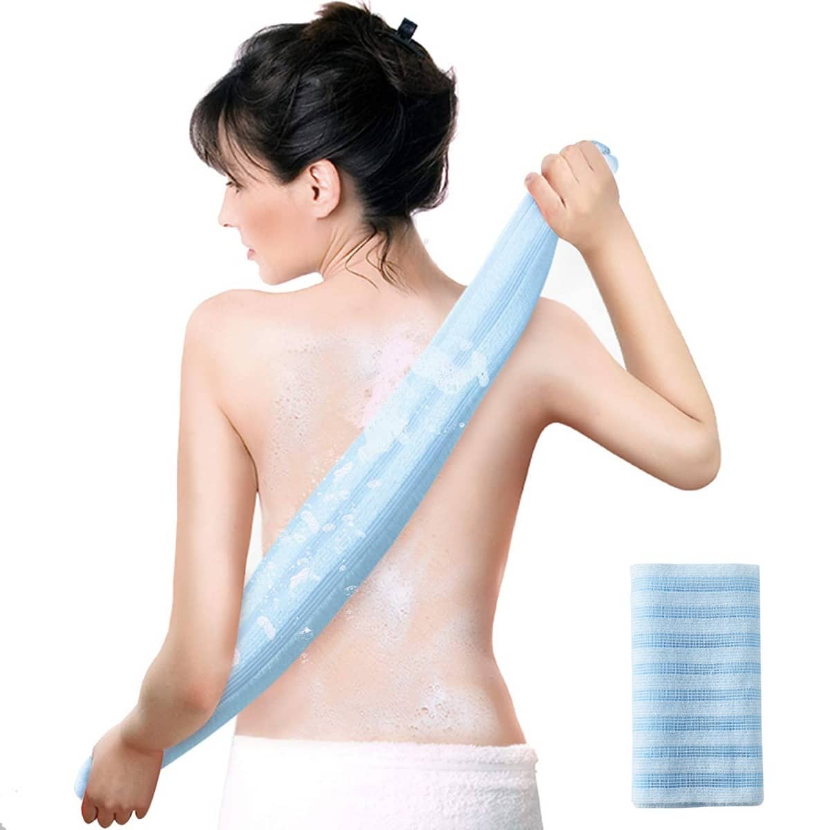 1入組去角質後洗滌器,深的皮膚按摩,雙面去角質&洗後洗滌器,速乾,雙層,凹凸質感紋理織物,簡單的至彈力,女性後洗滌器 - 藍色 - 查看 1