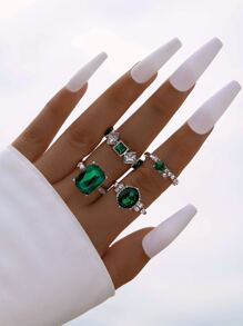 imoli 4pcs/set Minimalist Alloy & Rhinestone Geometric Ring Set, Women's Date Gift - Silver - View 4