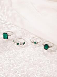 imoli 4pcs/set Minimalist Alloy & Rhinestone Geometric Ring Set, Women's Date Gift - Silver - View 9