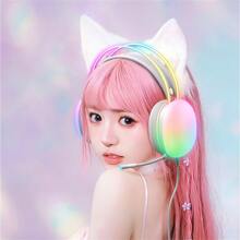 hellodigi 带麦克风的全发光 RGB 电脑游戏耳机，适用于一台 PC 有线游戏耳机，带 RGB 灯，PlayStation 耳机带降噪低音环绕声和有线 3.5 毫米和 USB 插孔，适合儿童、女孩礼物 - 米色 - 查看 2