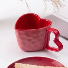 1pc Korean Version Couple Heart Shaped Custom Pattern Design Ceramic Mug Household Couple Coffee Cup Back To School - Red - View 6