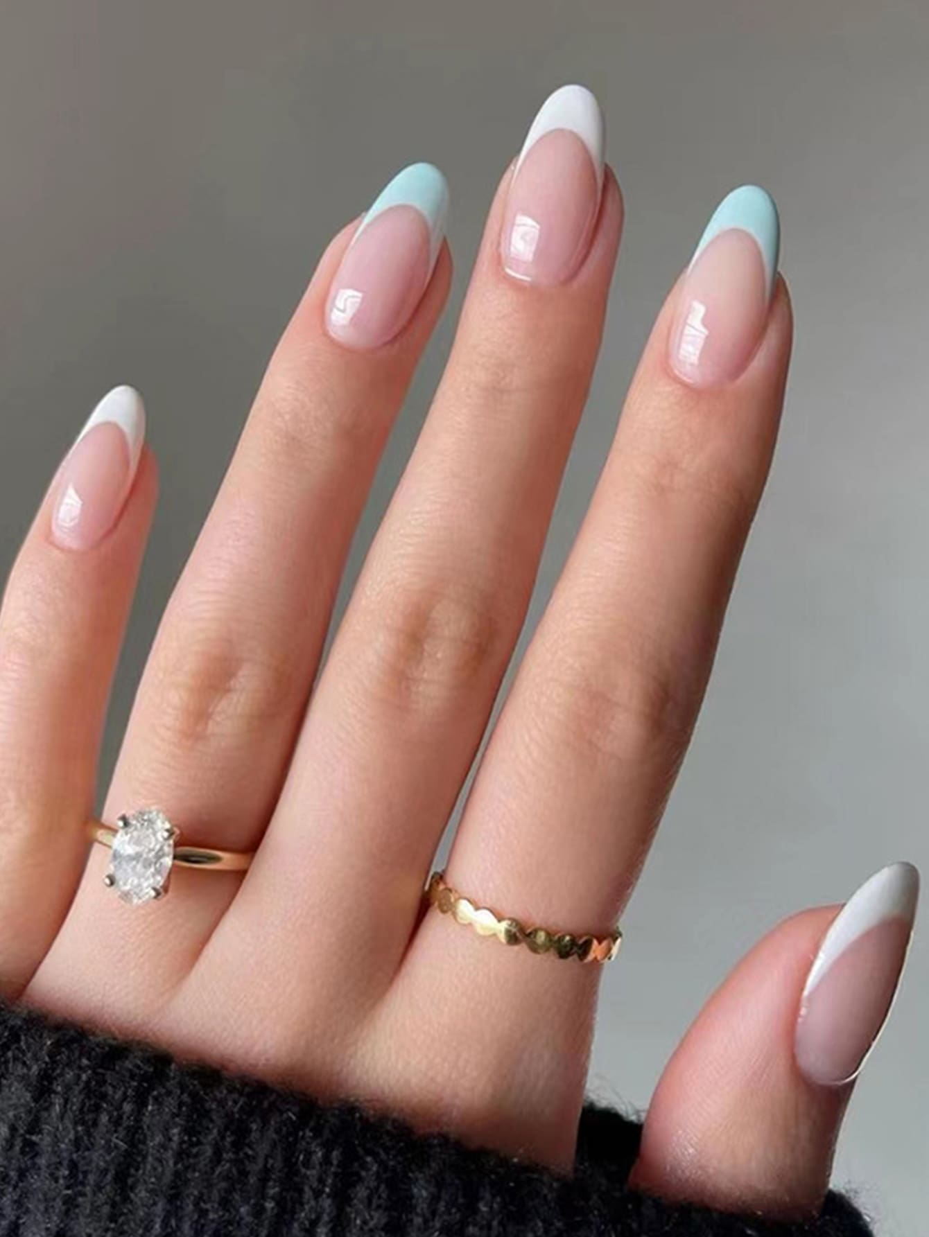 24pcs/Set Water Drop Shaped False Nails With Blue And White French Manicure Style, Almond Shape With Pointed Tips, Including Jelly Glue And Nail File Press On Nails Nail Supplies - Baby Blue - View 1