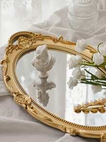 Vintage Glass Mirror Tray, Ins Style Aromatherapy Jewelry Display Organizer Tray, Desktop Decoration Back To School, Room Decor - Gold - View 3