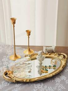 Vintage Glass Mirror Tray, Ins Style Aromatherapy Jewelry Display Organizer Tray, Desktop Decoration Back To School, Room Decor - Gold - View 2